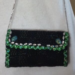 OOAK Handmade Black Woven Crossbody, Green Sequins
